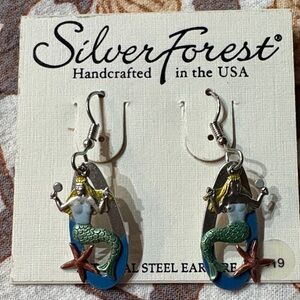 Silver Forest Mermaid Earrings with Green and Blue Accents